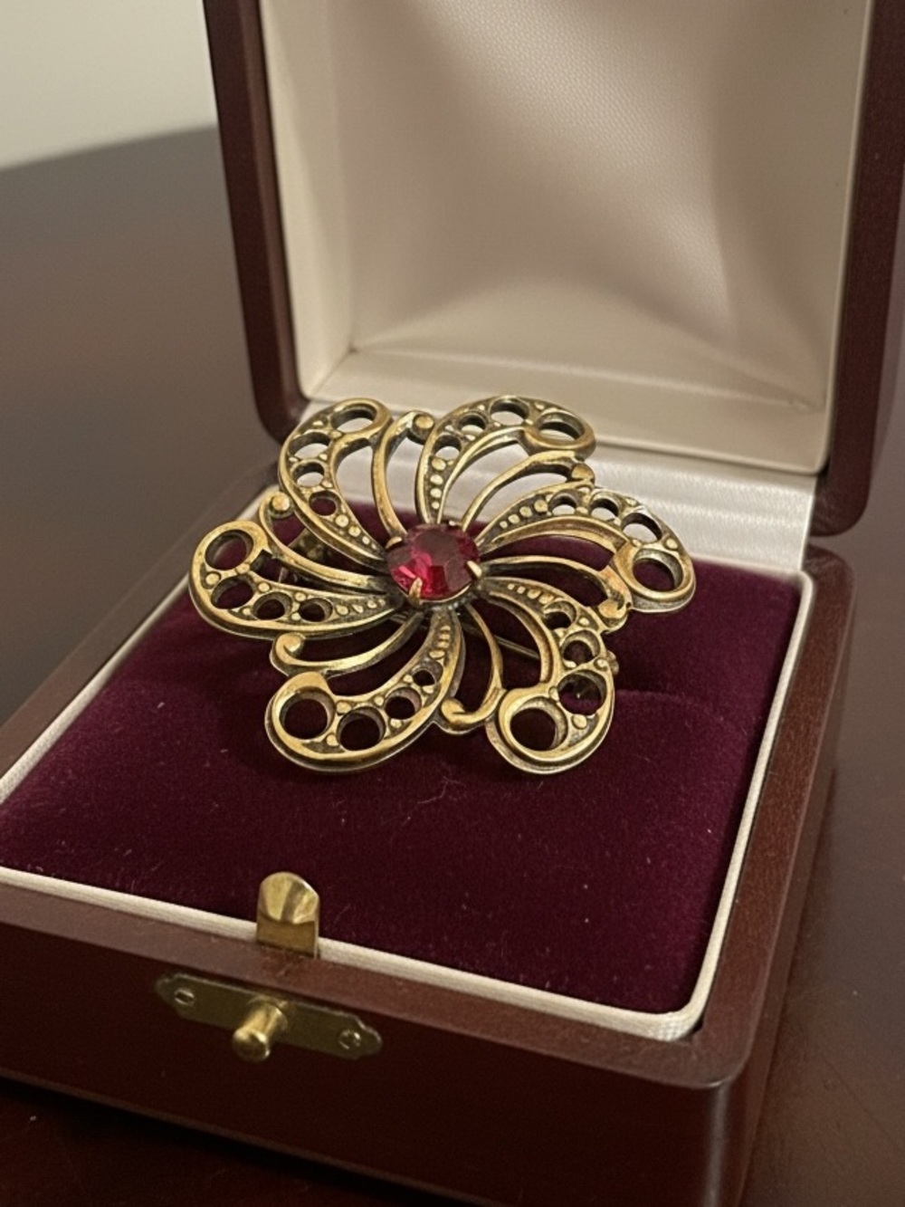 Antique/Vintage Floral Brooch Red Rubby Glass Brass Gold Tone Small Early CORO